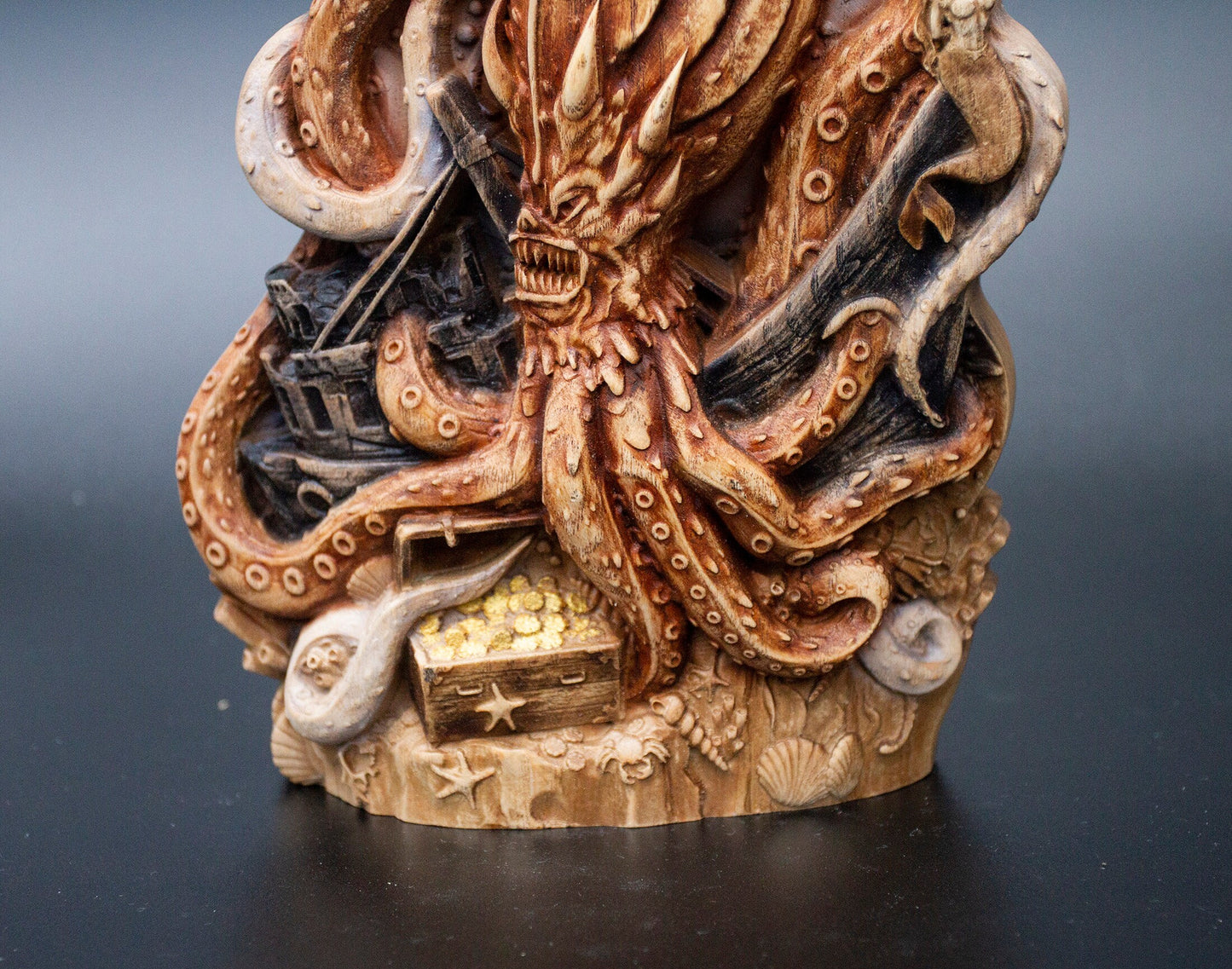 Statue de table Kraken en bois représentant un monstre marin, une pieuvre, 20 cm, sculpture, figurine, statuette, vie marine, décoration de salon