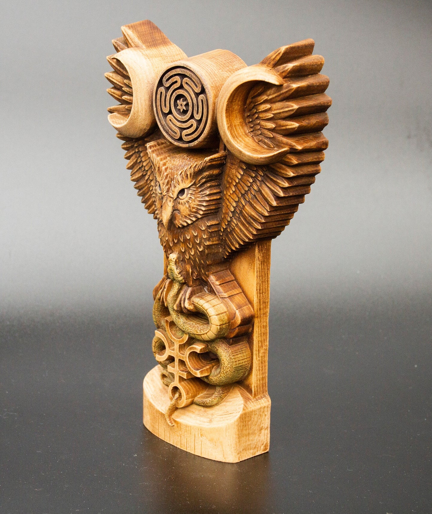 Hecate Owl Figurine – Wooden Hecate Owl Statue – Sacred Owl of Hecate Hand-Carved from Ecological Ash Wood