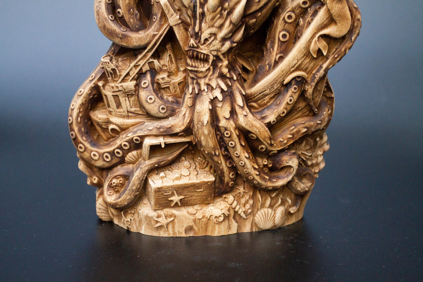 Statue de table Kraken en bois véritable non coloré, monstre marin, pieuvre, sculpture de 20 cm, figurine, vie marine