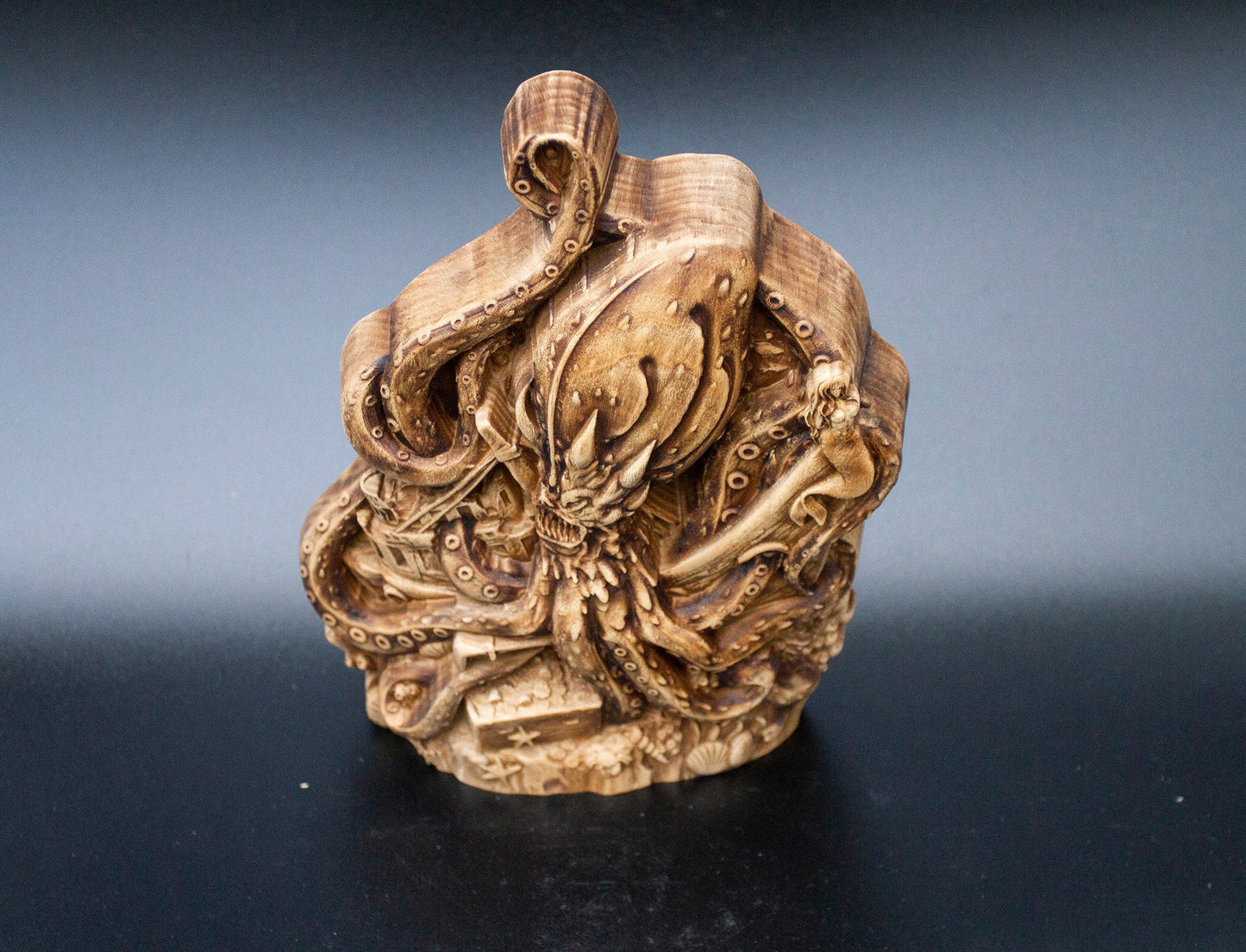 Statue de table Kraken en bois véritable non coloré, monstre marin, pieuvre, sculpture de 20 cm, figurine, vie marine