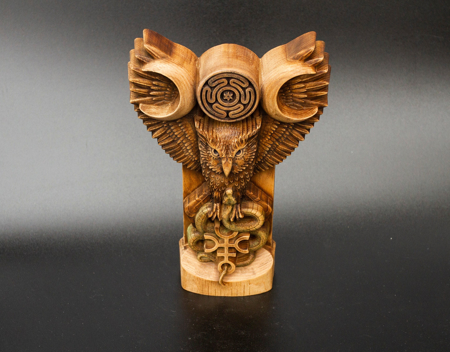 Hecate Owl Figurine – Wooden Hecate Owl Statue – Sacred Owl of Hecate Hand-Carved from Ecological Ash Wood
