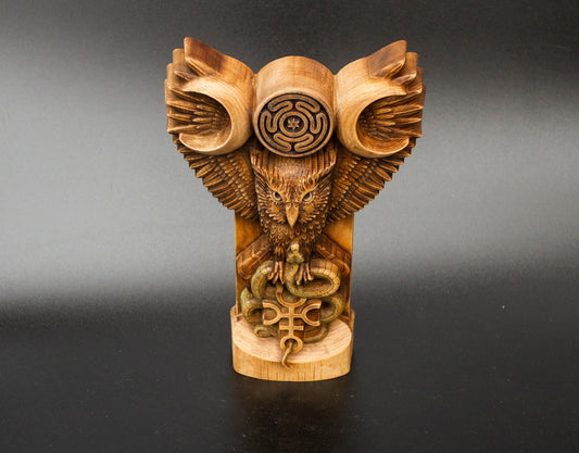 Hecate Owl Figurine – Wooden Hecate Owl Statue – Sacred Owl of Hecate Hand-Carved from Ecological Ash Wood