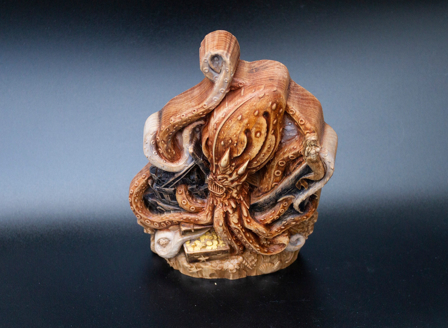 Statue de table Kraken en bois représentant un monstre marin, une pieuvre, 20 cm, sculpture, figurine, statuette, vie marine, décoration de salon