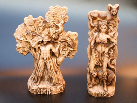 Statues en bois d'Odin et Freja - Ensemble de deux sculptures