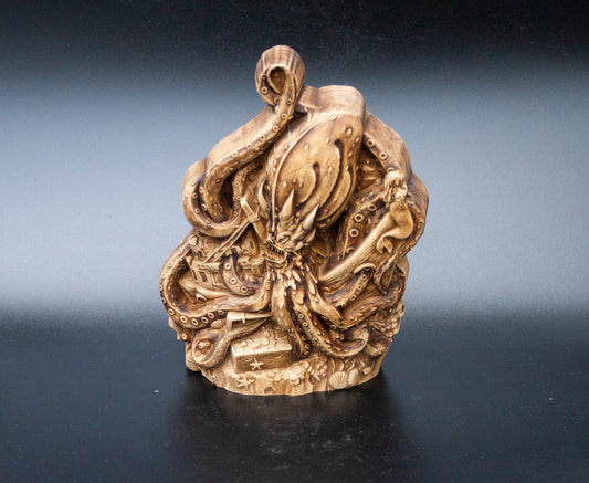 Statue de table Kraken en bois véritable non coloré, monstre marin, pieuvre, sculpture de 20 cm, figurine, vie marine