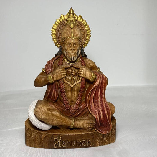 Hanuman Statue – Hand-Carved Wooden Hanuman Figurine – Hindu Monkey God Idol for Strength, Protection & Devotion