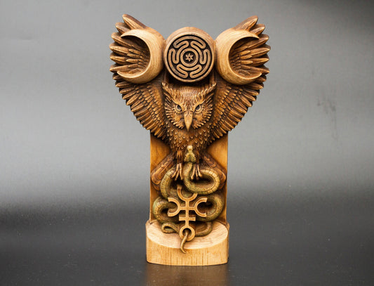 Hecate Owl Figurine – Wooden Hecate Owl Statue – Sacred Owl of Hecate Hand-Carved from Ecological Ash Wood