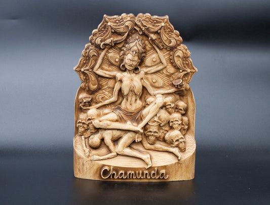 Hand-Carved Chamunda Kali Wooden Figurine – Ecological Ash Wood Hindu Goddess Statue for Altar & Mythological Decor