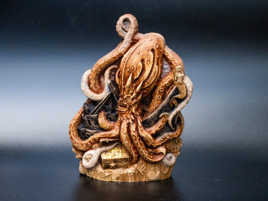 Statue de table Kraken en bois représentant un monstre marin, une pieuvre, 20 cm, sculpture, figurine, statuette, vie marine, décoration de salon