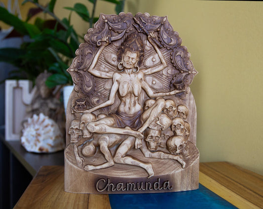 Chamunda Kali Wooden Statuette – Hand-Carved Hindu Goddess of Destruction & Power – Unique Altar Home Decor – Sacred Gift 7.9x6.3 in