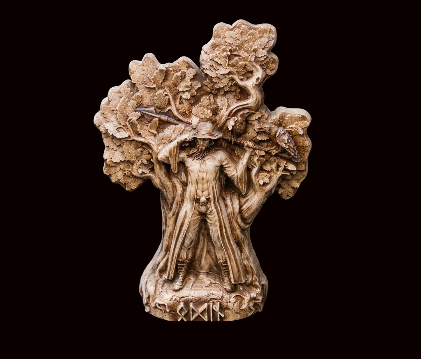 A wooden figurine depicting the Norse god Odin, made from ecological ash tree, with a varnish coating.