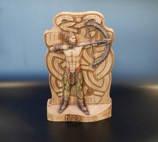Statue d'Ullr Ullr Statuette en bois païenne nordique Asatru, mythologie nordique Dieu nordique de l'hiver et de la chasse