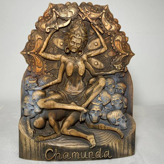 Chamunda Chamunda goddess Kali statue Durga Goddess statue Hindu goddess Chamunda mata Chamunda art Wood carving Protection altar Hindu