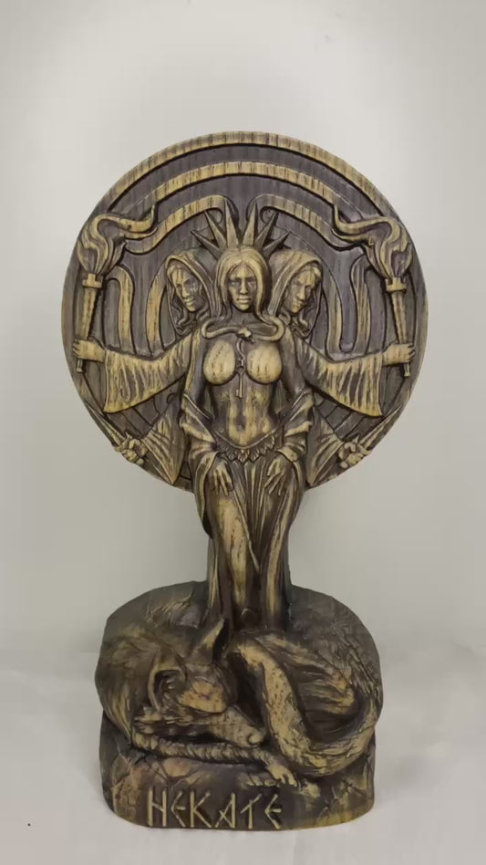 Hekate Figure – Wooden Triple Goddess Statue – Symbol of Magic, Crossroads & Lunar Mystery in Ash Wood